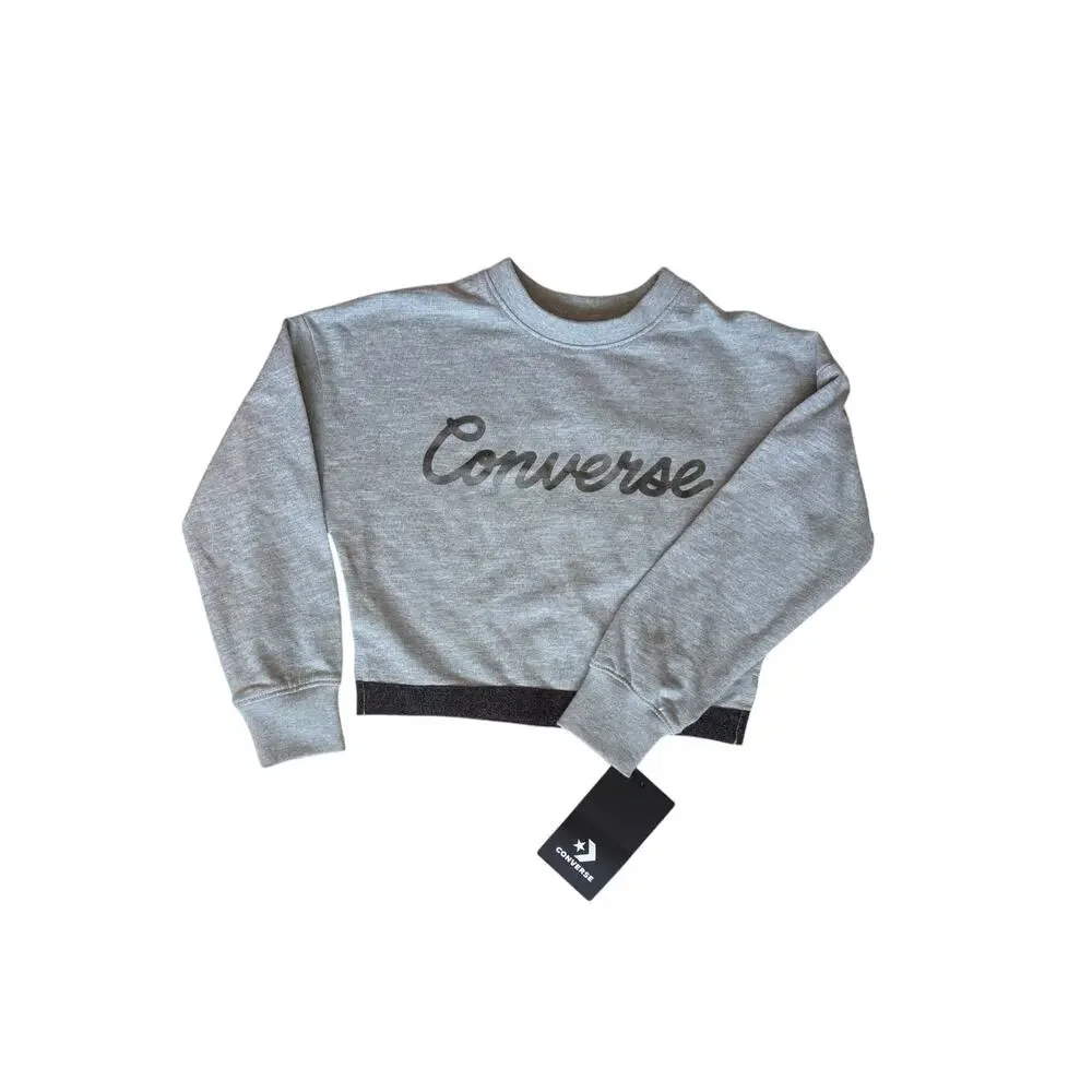 Converse Girls Size 4 Cropped Crewneck Sweatshirt Gray Metallic Silver Logo NWT